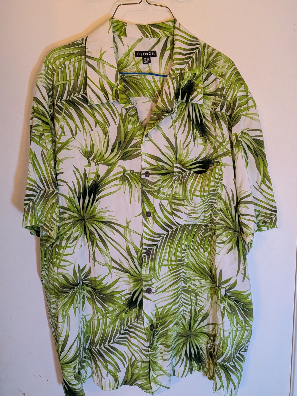 George Green and White Palm-Print Short Sleeve Button-Up Shirt